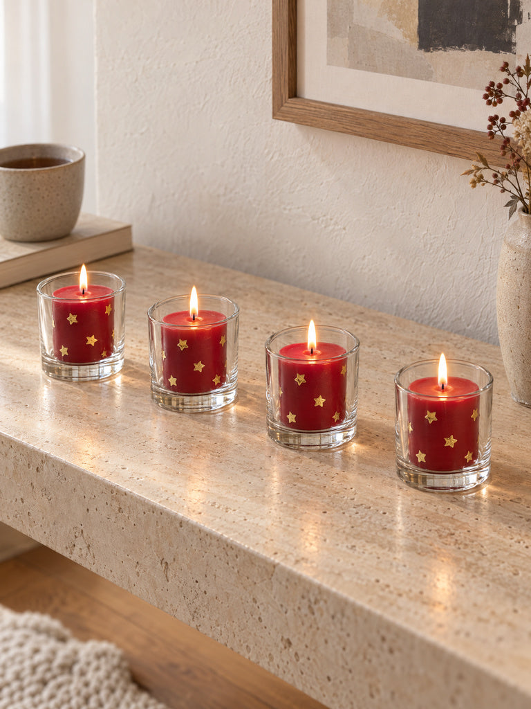 Westside Home Red Star Printed Votive Candles - Pack of 4