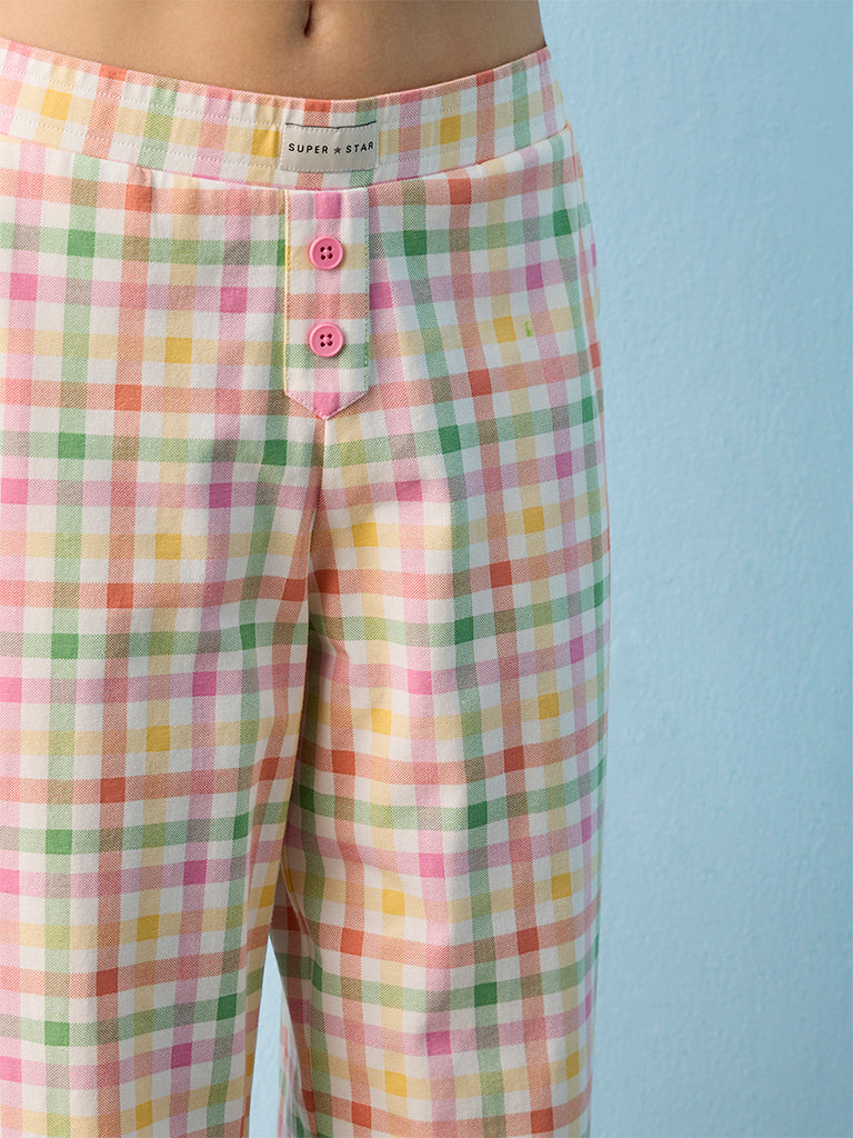 Superstar Multi Colour Checkered High-Rise Cotton-Blend Pants