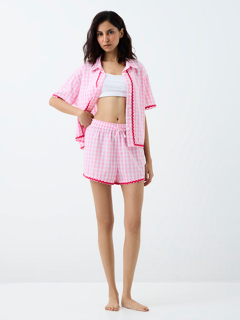 Superstar Pink Checkered High-Rise Cotton Shorts