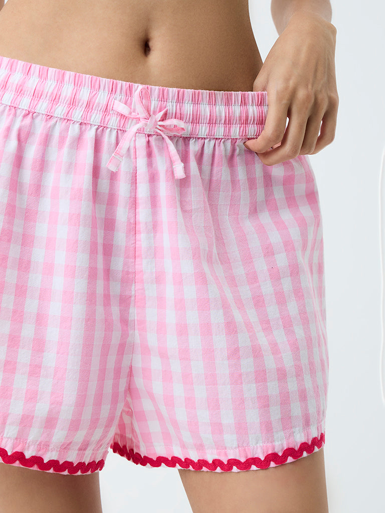 Superstar Pink Checkered High-Rise Cotton Shorts