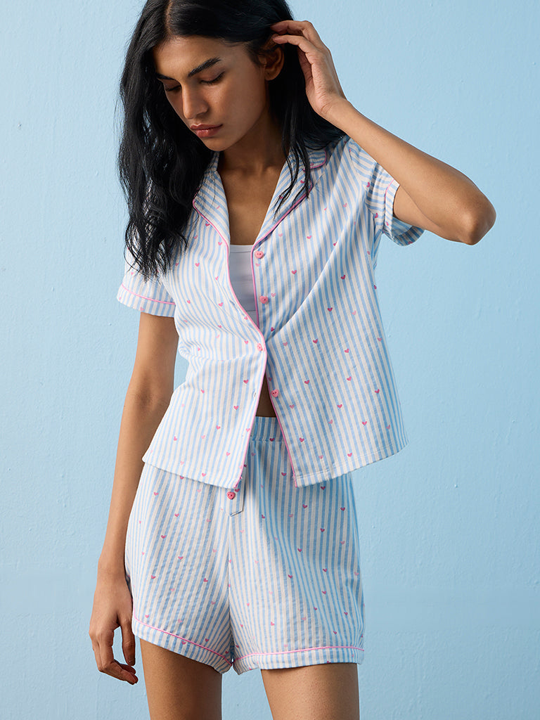 Superstar Blue Striped Cotton-Blend Shirt and Shorts Set