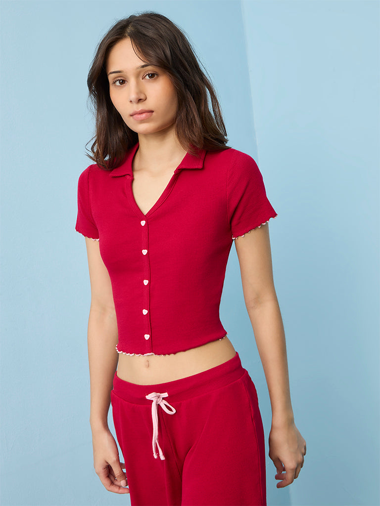 Superstar Red Ribbed-Textured Cotton-Blend Top