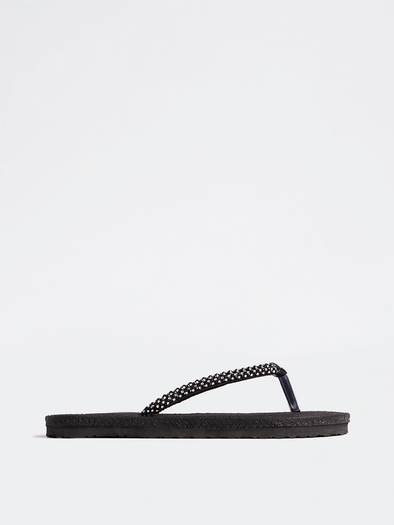 LUNA BLU Black Embellished Thong-Strap Flip-Flops