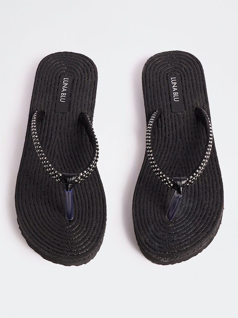 LUNA BLU Black Embellished Thong-Strap Flip-Flops