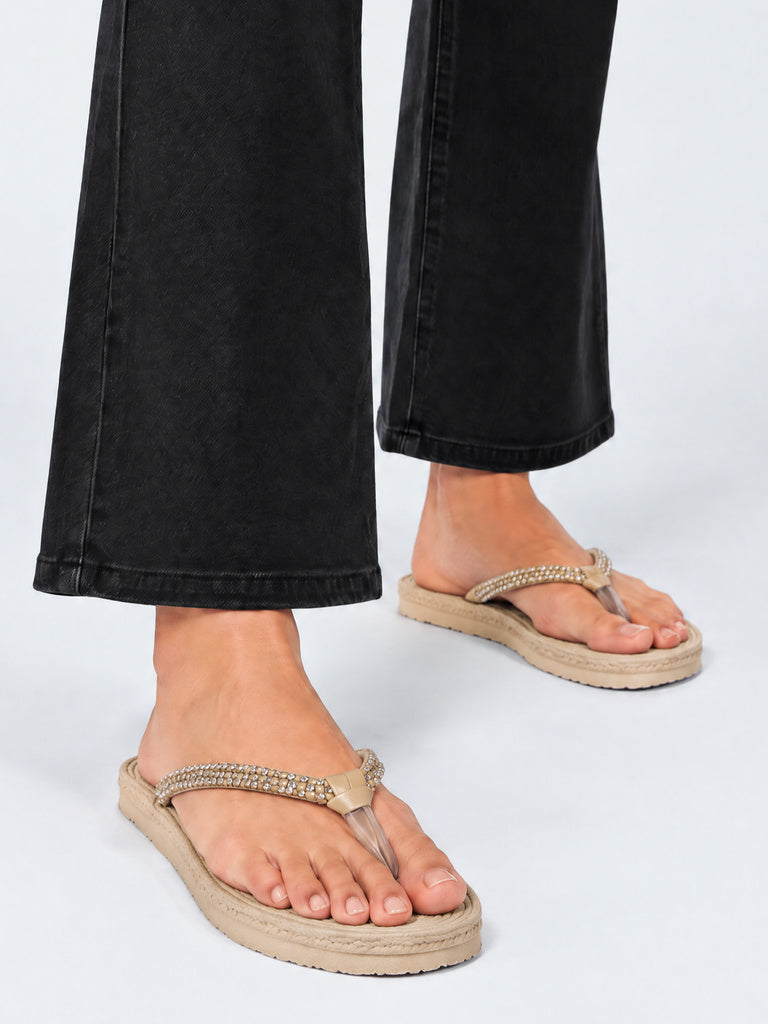 LUNA BLU Light Beige Embellished Thong-Strap Flip-Flops