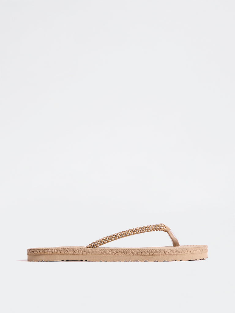 LUNA BLU Light Beige Embellished Thong-Strap Flip-Flops