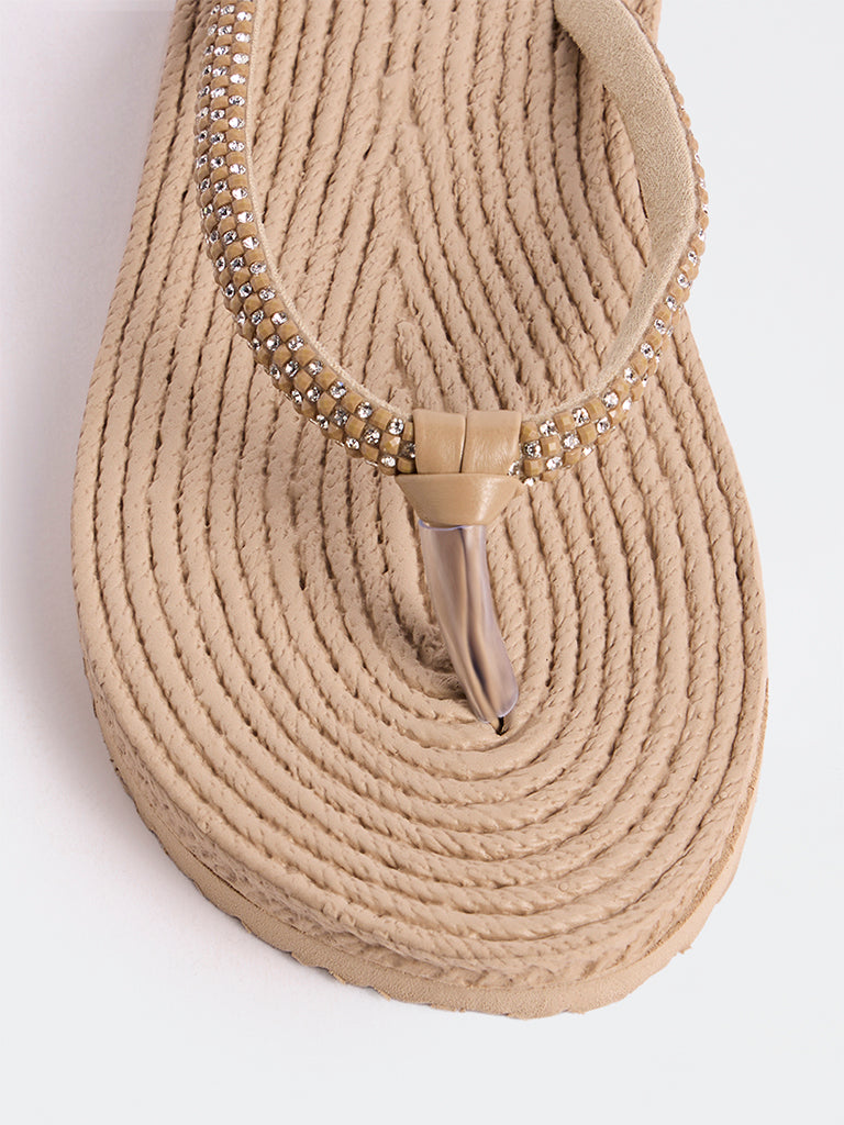 LUNA BLU Light Beige Embellished Thong-Strap Flip-Flops