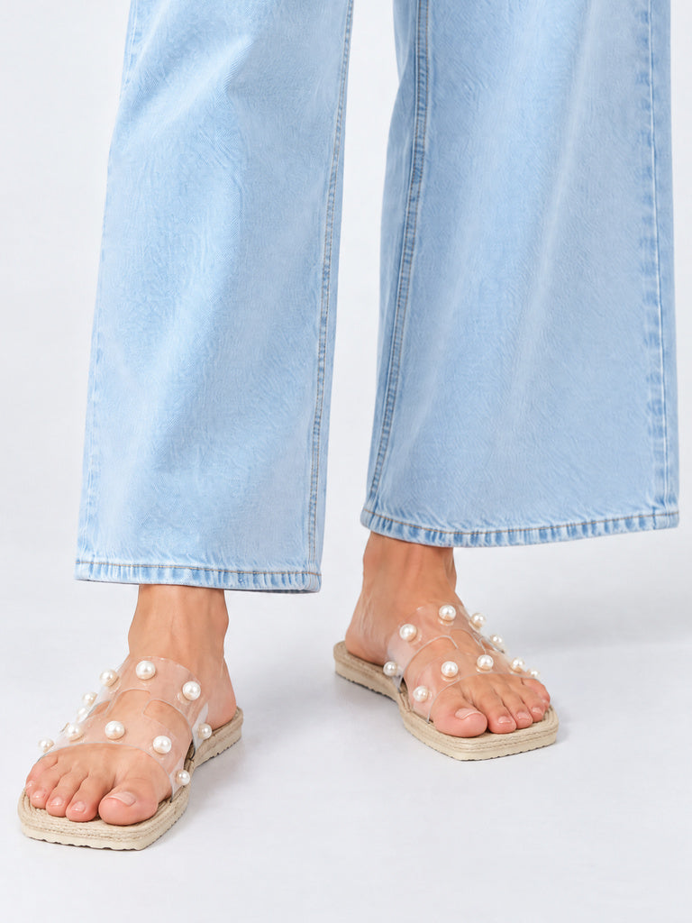 LUNA BLU Ivory Pearl Embellished Woven Slides