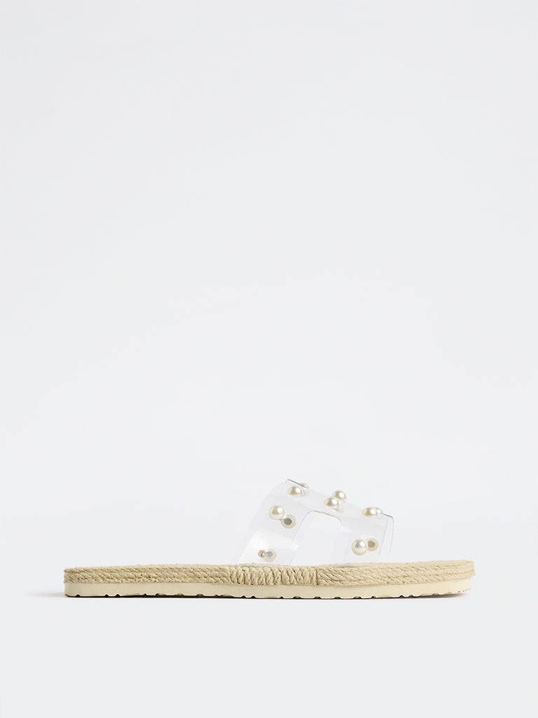 LUNA BLU Ivory Pearl Embellished Woven Slides