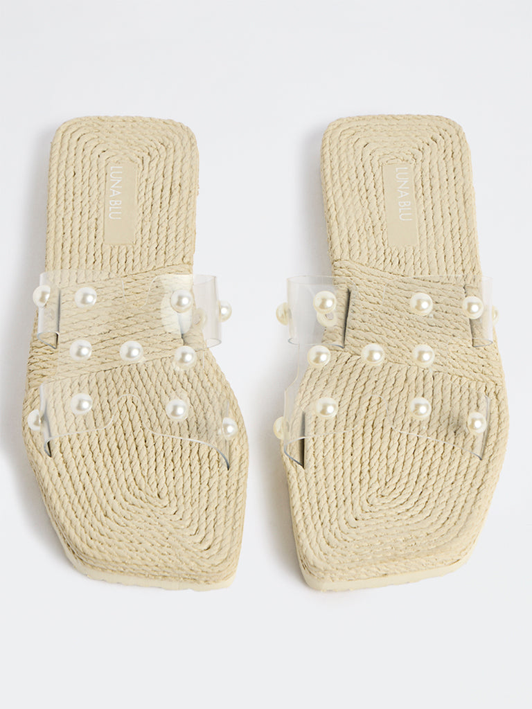 LUNA BLU Ivory Pearl Embellished Woven Slides