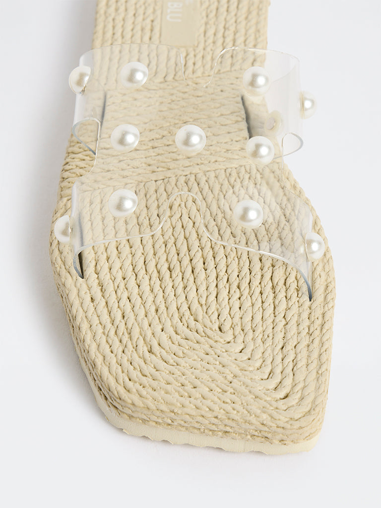 LUNA BLU Ivory Pearl Embellished Woven Slides