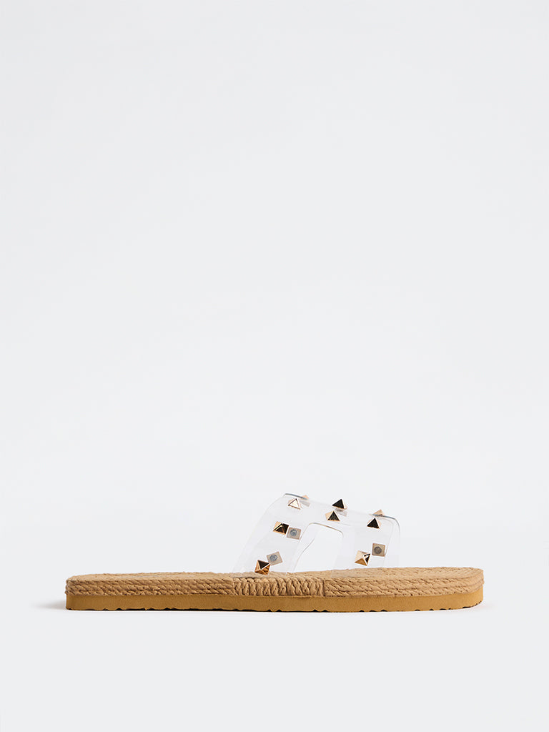 LUNA BLU Beige Stud-Detailed Woven Slides