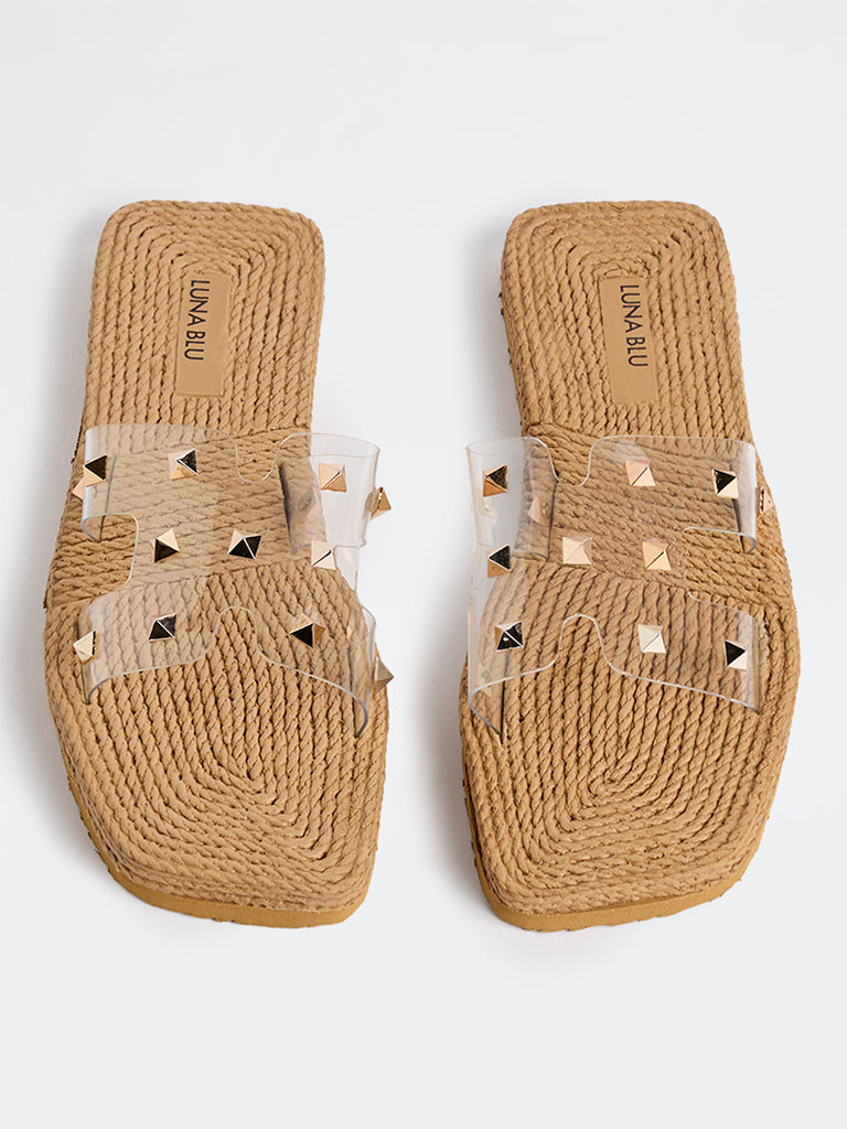 LUNA BLU Beige Stud-Detailed Woven Slides