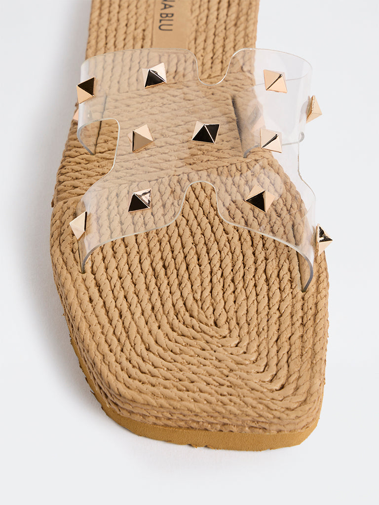 LUNA BLU Beige Stud-Detailed Woven Slides