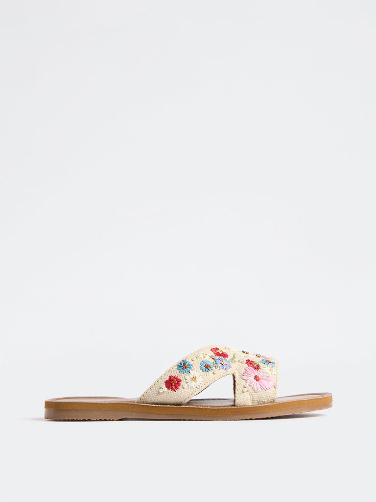 LUNA BLU Multicolour Floral Embroidered Raffia Slides