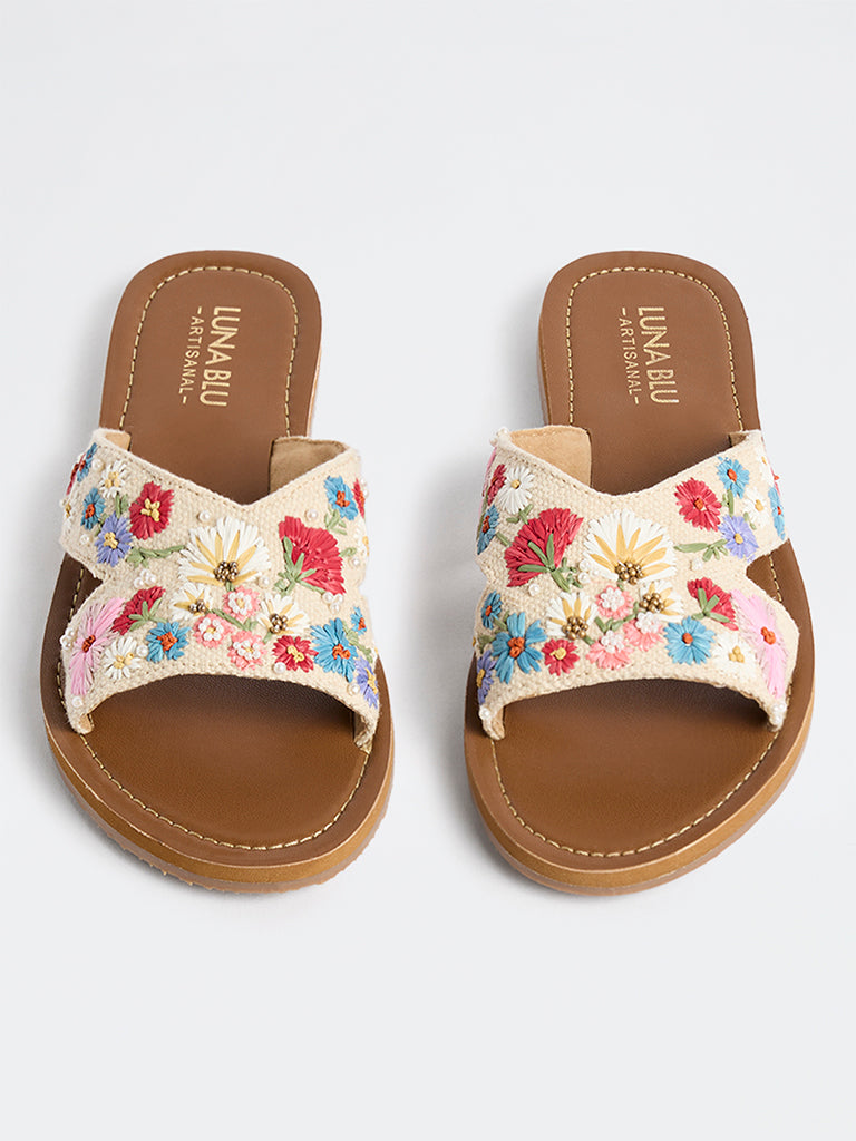 LUNA BLU Multicolour Floral Embroidered Raffia Slides
