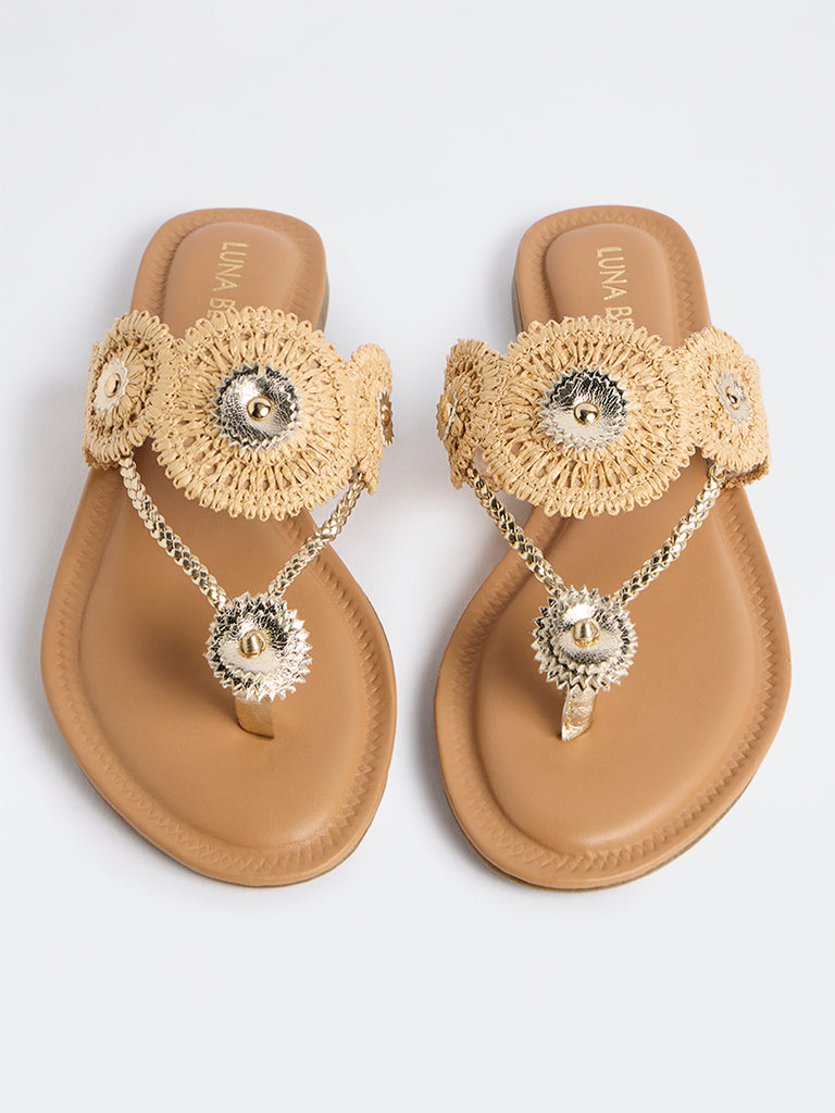 LUNA BLU Beige Raffia Woven Kolhapuri Sandals