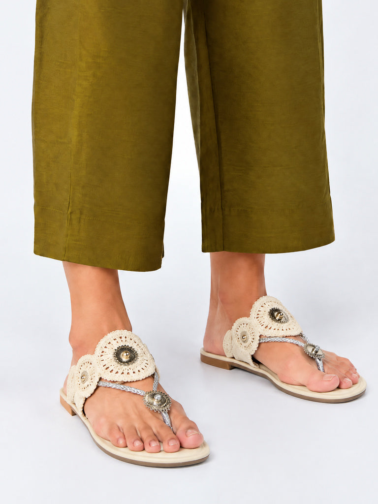 LUNA BLU Ivory Raffia Woven Kolhapuri Sandals