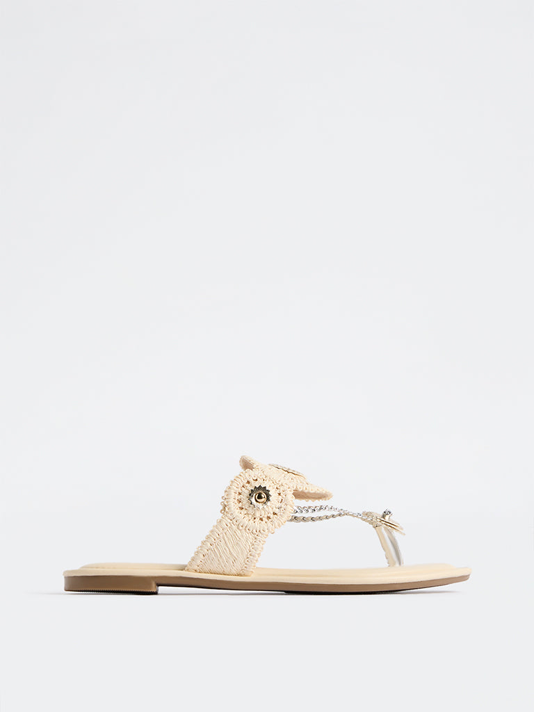 LUNA BLU Ivory Raffia Woven Kolhapuri Sandals