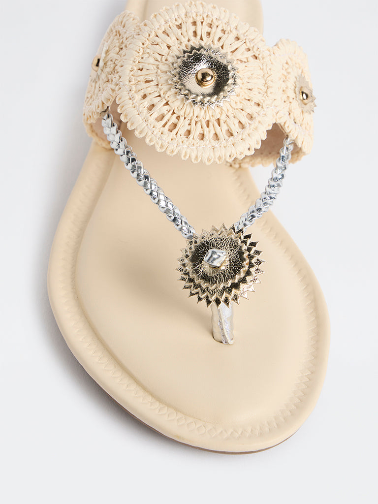 LUNA BLU Ivory Raffia Woven Kolhapuri Sandals