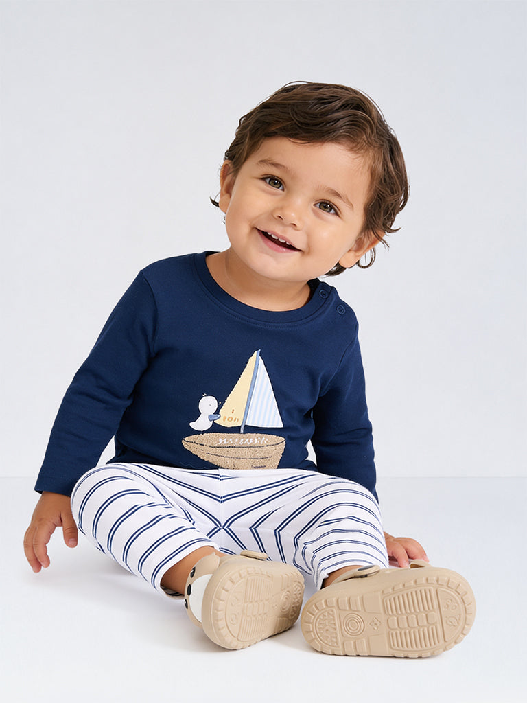 HOP Baby Boys Navy Printed Cotton T-Shirt and Pants Set