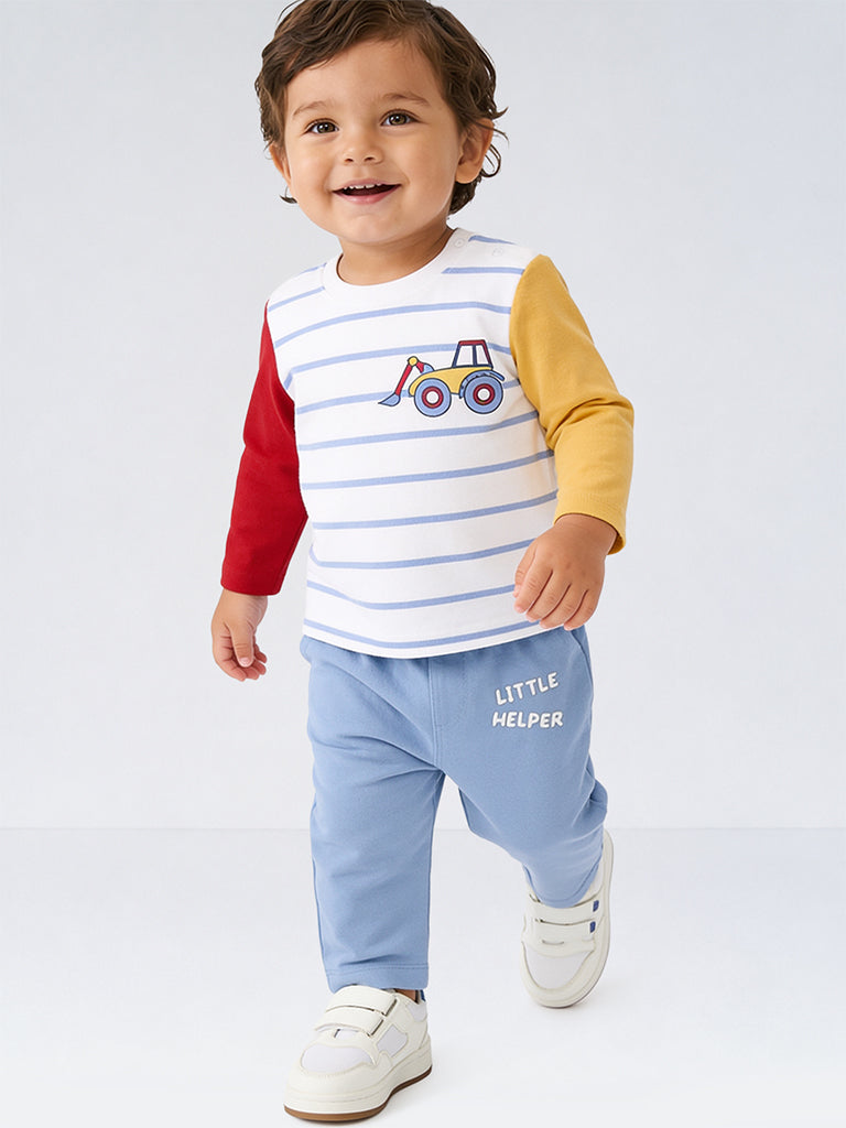 HOP Baby Boys Multicolour Striped Cotton T-Shirt and Pants Set