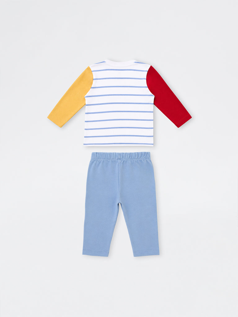 HOP Baby Boys Multicolour Striped Cotton T-Shirt and Pants Set