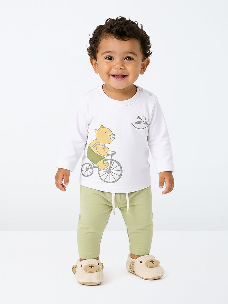 HOP Baby Boys White Printed Cotton T-Shirt with Pants Set