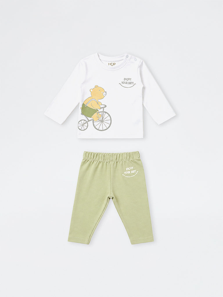 HOP Baby Boys White Printed Cotton T-Shirt with Pants Set