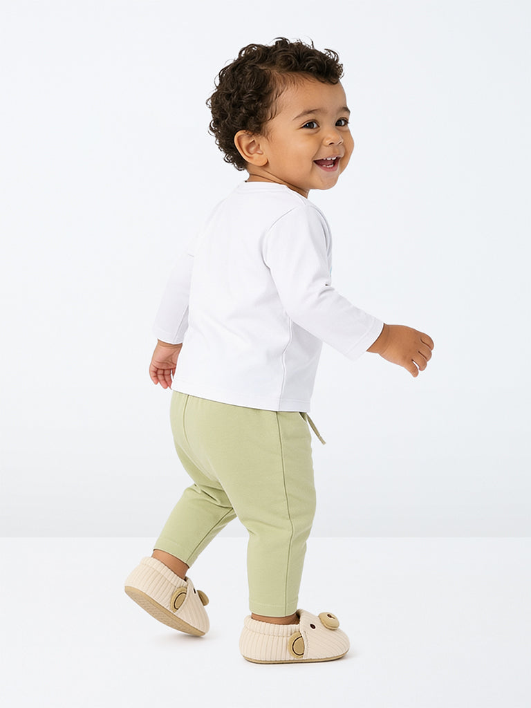 HOP Baby Boys White Printed Cotton T-Shirt with Pants Set