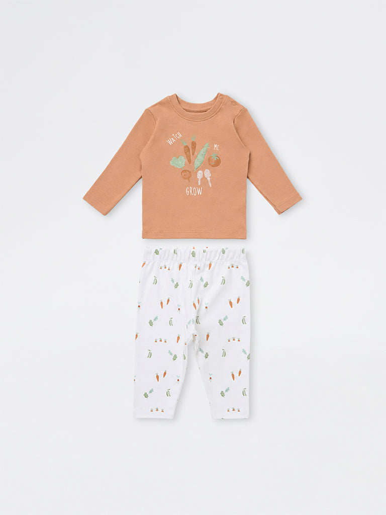 HOP Baby Boys Orange Printed Cotton T-Shirt and Pants Set