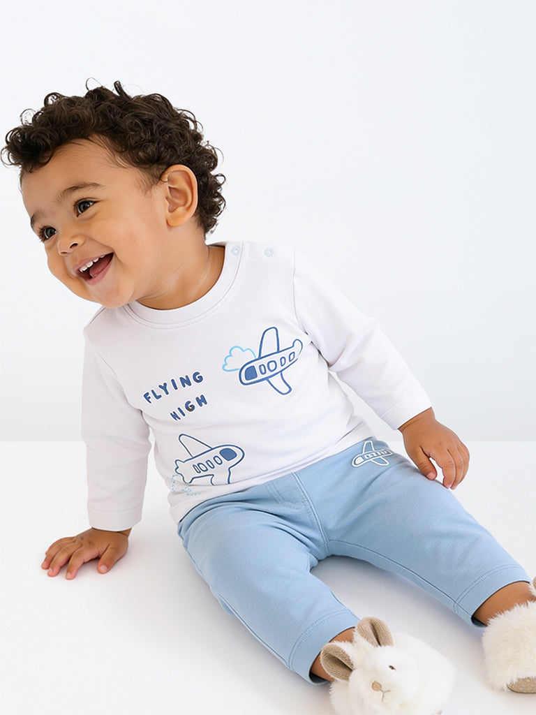 HOP Baby Boys Blue Printed Cotton T-Shirt with Pants Set