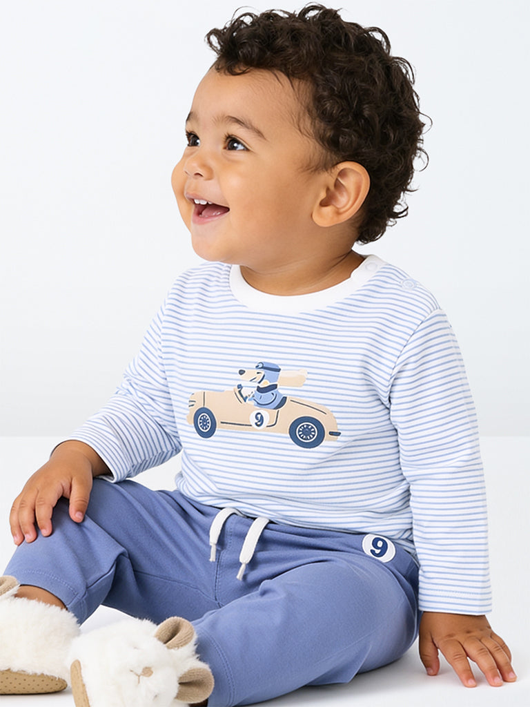 HOP Baby Boys Dusty Blue Striped Cotton T-Shirt with Pants Set