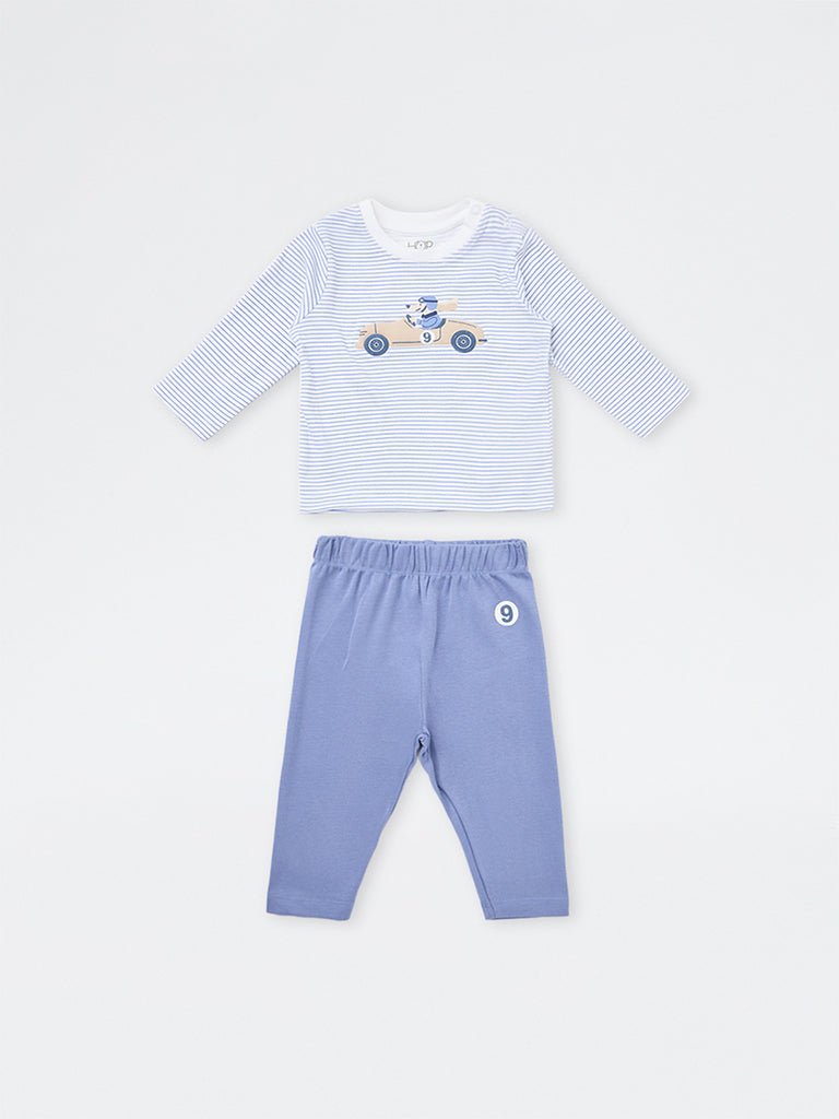 HOP Baby Boys Dusty Blue Striped Cotton T-Shirt with Pants Set