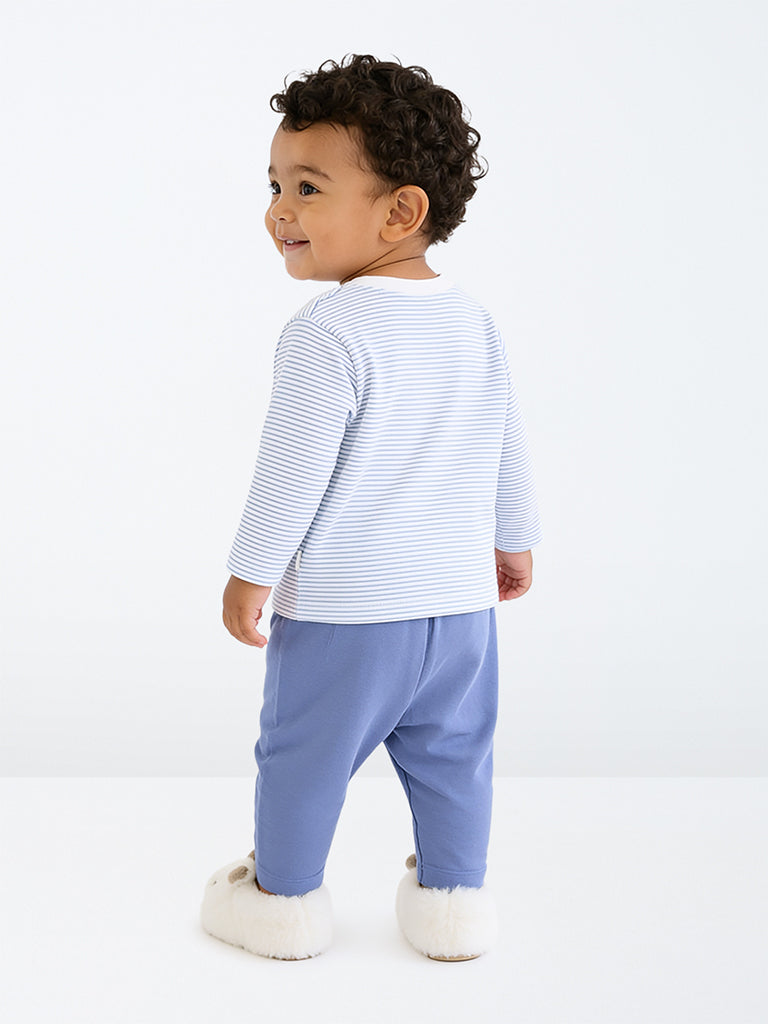 HOP Baby Boys Dusty Blue Striped Cotton T-Shirt with Pants Set