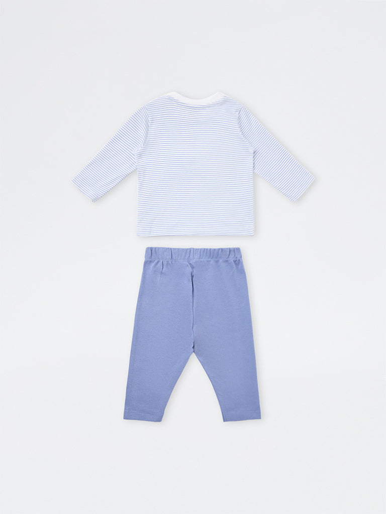 HOP Baby Boys Dusty Blue Striped Cotton T-Shirt with Pants Set