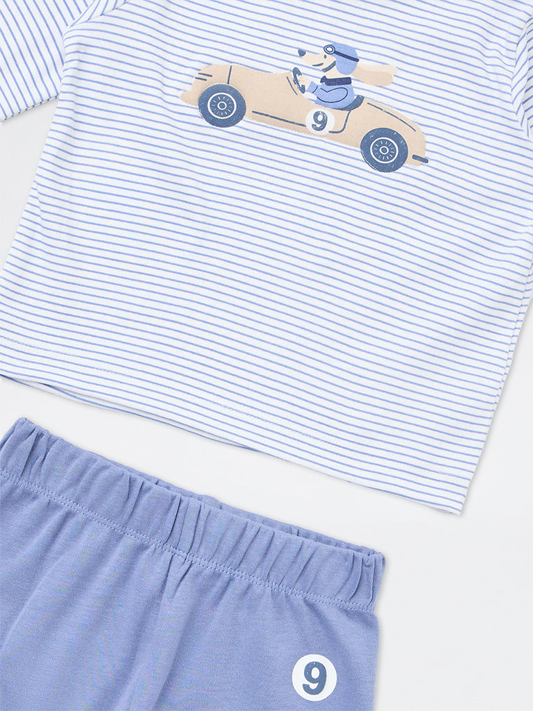 HOP Baby Boys Dusty Blue Striped Cotton T-Shirt with Pants Set