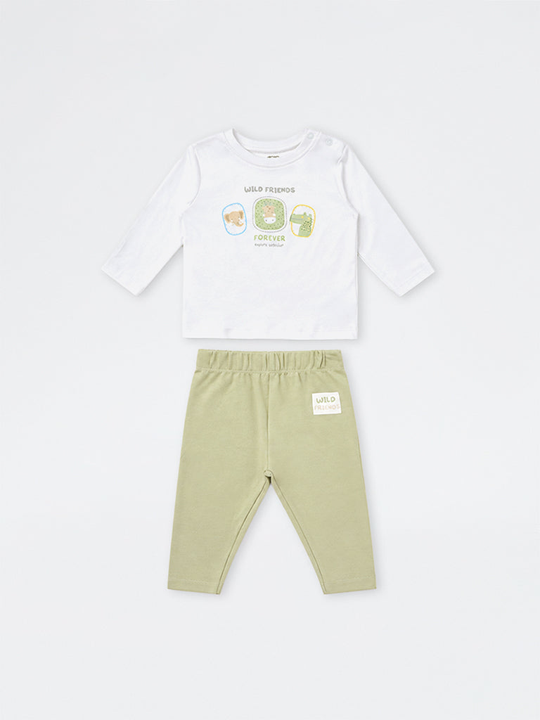 HOP Baby Boys Sage Printed Cotton T-Shirt with Pants Set