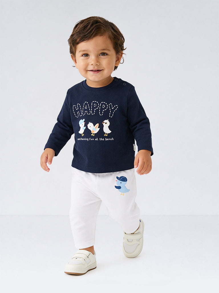 HOP Baby Boys Navy Bird Printed Cotton T-Shirt and Pants Set
