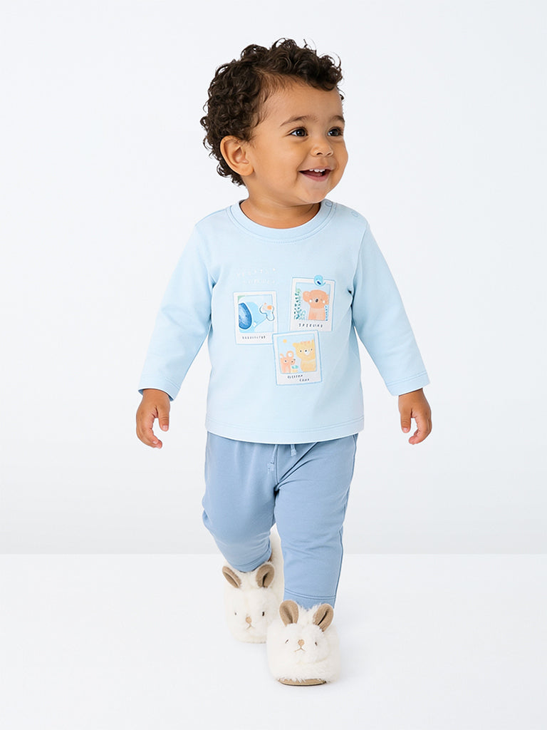 HOP Baby Boys Blue Printed Cotton T-Shirt with Pants Set