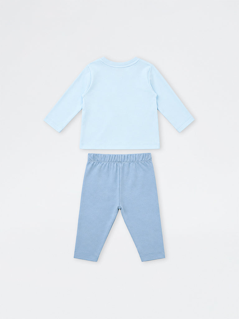 HOP Baby Boys Blue Printed Cotton T-Shirt with Pants Set