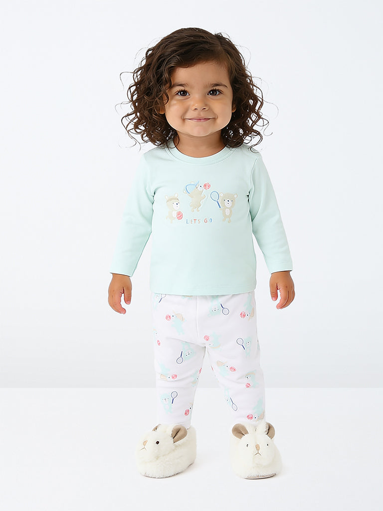 HOP Baby Girls Sea Green Printed Cotton T-Shirt and Pants Set
