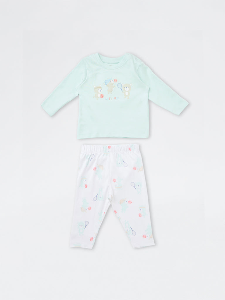 HOP Baby Girls Sea Green Printed Cotton T-Shirt and Pants Set