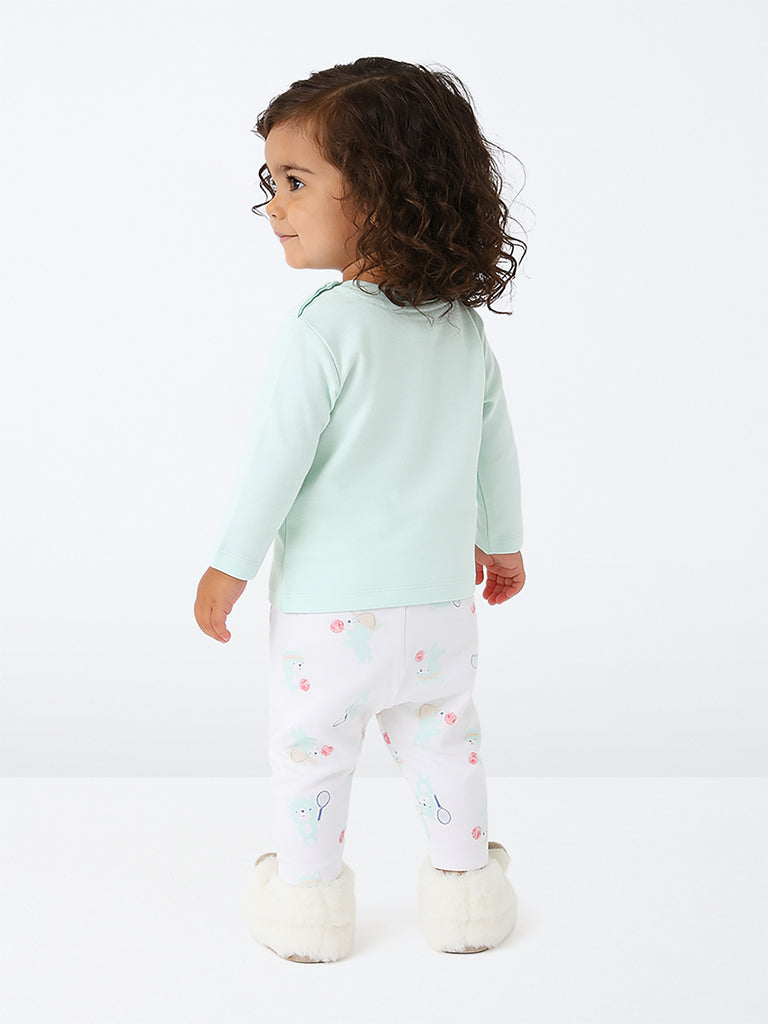 HOP Baby Girls Sea Green Printed Cotton T-Shirt and Pants Set