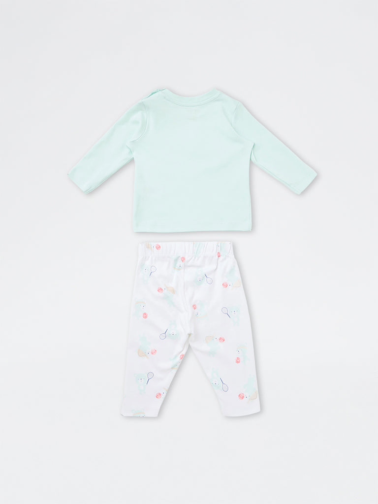HOP Baby Girls Sea Green Printed Cotton T-Shirt and Pants Set