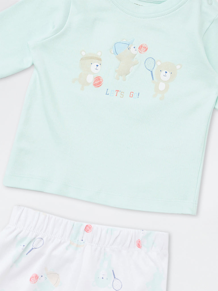 HOP Baby Girls Sea Green Printed Cotton T-Shirt and Pants Set