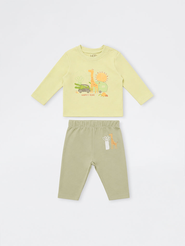 HOP Baby Boys Sage Green Graphic Printed Cotton T-Shirt and Pants Set