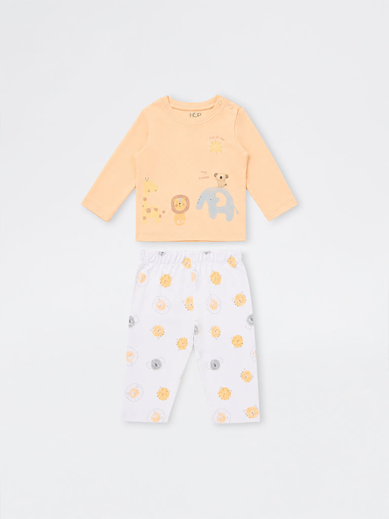 HOP Baby Boys Light Orange Animal Printed Cotton T-Shirt and Pants Set