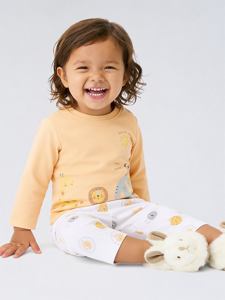 HOP Baby Girls Light Orange Animal Printed Cotton T-Shirt and Pants Set