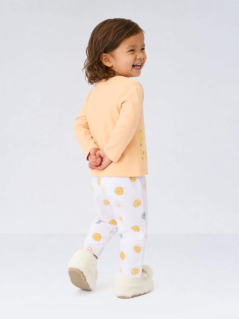 HOP Baby Girls Light Orange Animal Printed Cotton T-Shirt and Pants Set